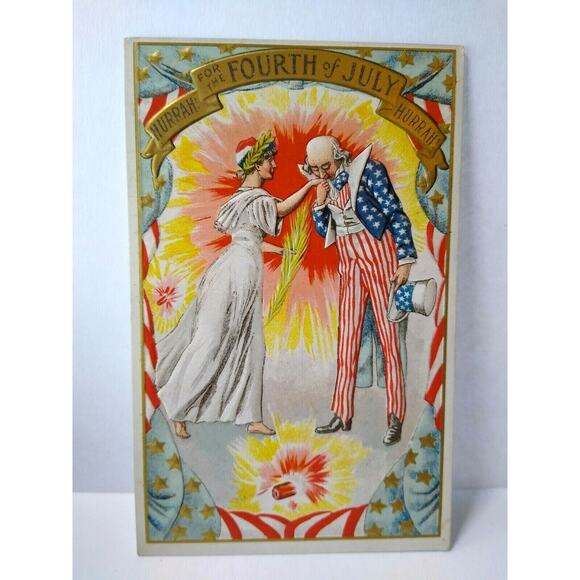 Uncle Sam Kissing Hand Of Lady America 4th Of July Postcard Series 258 Unused - Picture 2 of 3